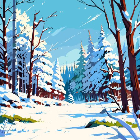 Vektorillustration eines verschneiten Waldes mit schneebedeckten Bäumen