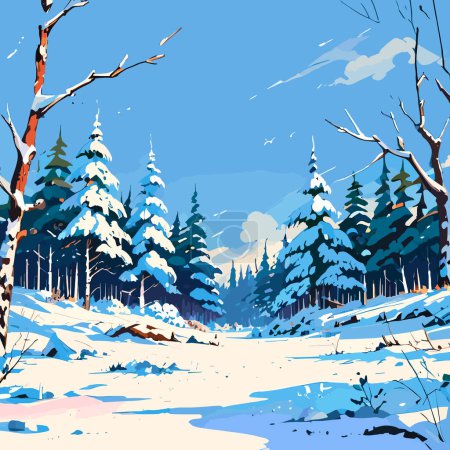 Illustration for Vector illustration of a snowy forest with snow-covered trees - Royalty Free Image