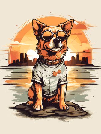 Téléchargez les illustrations : Coucher de soleil avec un profil de chien rétro - en licence libre de droit
