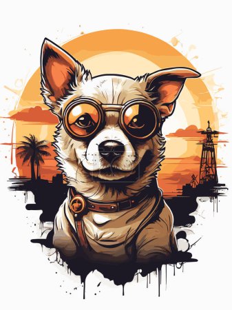 Téléchargez les illustrations : Coucher de soleil avec un profil de chien rétro - en licence libre de droit