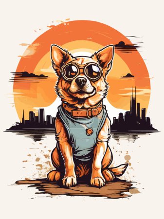 Téléchargez les illustrations : Design de chien steampunk rétro sur fond de magnifique coucher de soleil - en licence libre de droit