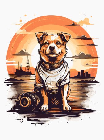 Téléchargez les illustrations : Design de chien steampunk rétro sur fond de magnifique coucher de soleil - en licence libre de droit