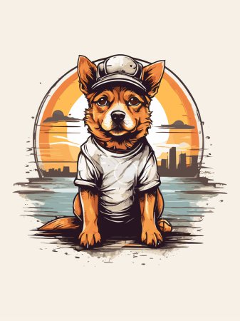 Téléchargez les illustrations : Illustration vintage pour chien steampunk avec coucher de soleil en arrière-plan - en licence libre de droit