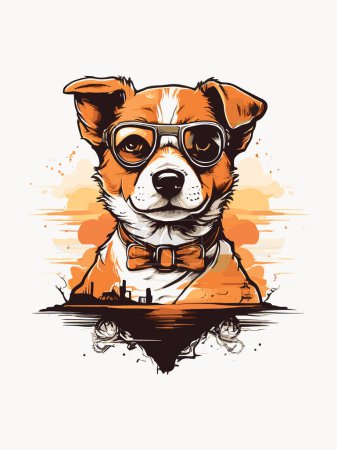Téléchargez les illustrations : Lunettes à la mode pour chien au coucher du soleil - en licence libre de droit