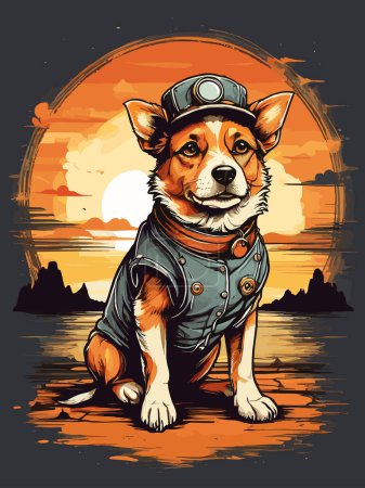 Téléchargez les illustrations : Illustration vintage pour chien steampunk avec coucher de soleil en arrière-plan - en licence libre de droit