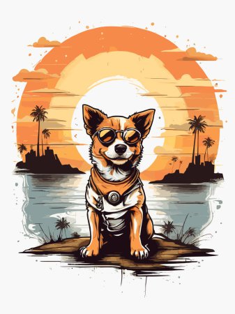 Illustration for Cool Dog in Shades Against Sunset Backdrop - Royalty Free Image