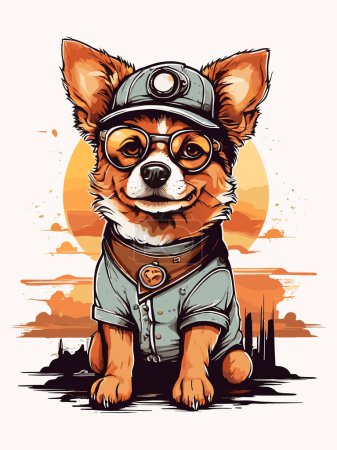 Retro steampunk canine with mechanical elements, sunset