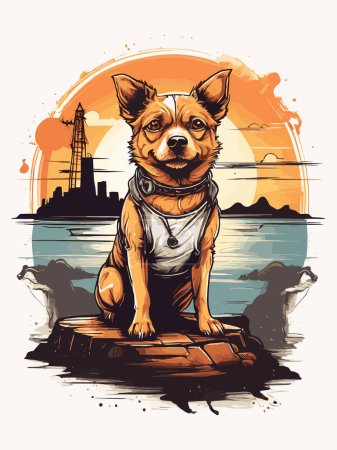 Illustration for Classic steampunk dog image with sunset scenery - Royalty Free Image