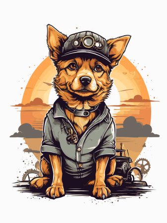 Retro steampunk canine with mechanical elements, sunset