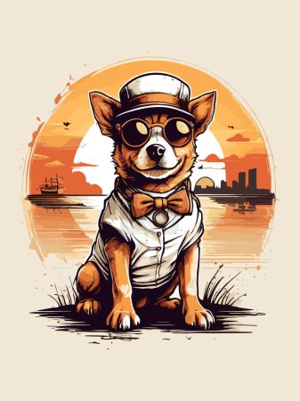 Illustration for Sunset scene featuring a steampunk-inspired dog - Royalty Free Image