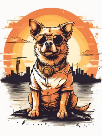 Téléchargez les illustrations : Retro steampunk canine avec éléments mécaniques, coucher de soleil - en licence libre de droit