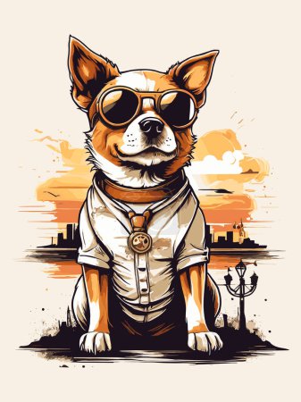 Téléchargez les illustrations : Scène de coucher de soleil mettant en vedette un chien d'inspiration steampunk - en licence libre de droit