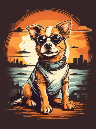 Téléchargez les illustrations : Scène de coucher de soleil mettant en vedette un chien d'inspiration steampunk - en licence libre de droit
