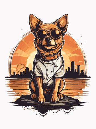 Téléchargez les illustrations : Dessin de style vintage de chien sous le coucher du soleil - en licence libre de droit