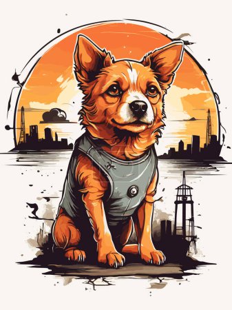 Téléchargez les illustrations : Illustration rétro pour chien avec toile de fond au coucher du soleil - en licence libre de droit