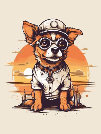 Téléchargez les illustrations : Illustration rétro pour chien avec toile de fond au coucher du soleil - en licence libre de droit