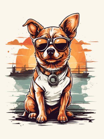 Retro Hund Illustration mit Sonnenuntergang Hintergrund