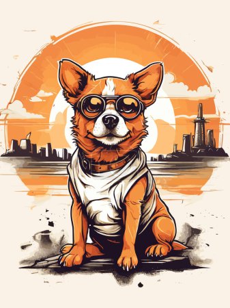 Téléchargez les illustrations : Scène coucher de soleil avec dessin classique pour chien - en licence libre de droit