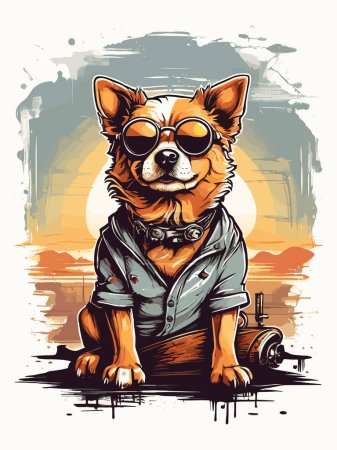 Téléchargez les illustrations : Illustration rétro d'un chien avec toile de fond au coucher du soleil - en licence libre de droit