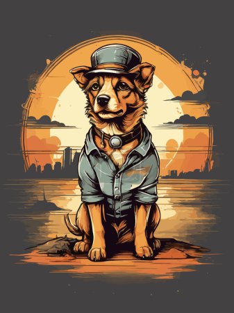Téléchargez les illustrations : Illustration rétro d'un chien avec toile de fond au coucher du soleil - en licence libre de droit