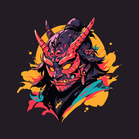 Vibrant illustration of an evil samurai's face in vector art.