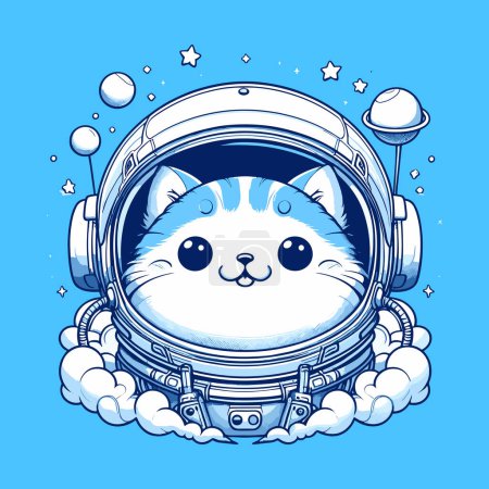 Téléchargez les illustrations : Voyage dans l'espace de tons bleus avec le chat astronaute - en licence libre de droit