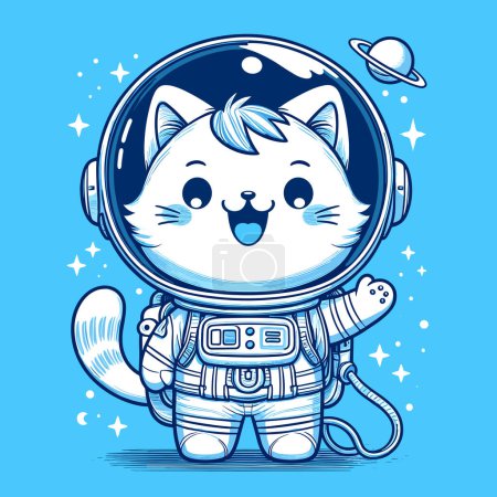 Téléchargez les illustrations : Voyage dans l'espace bleu étoilé avec chat astronaute - en licence libre de droit