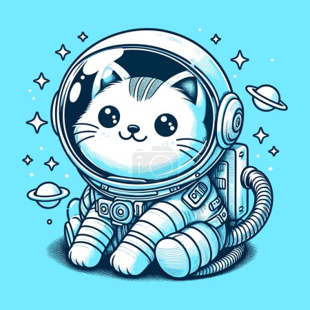 Ilustración de Odisea estelar de tono azul de gato astronauta - Imagen libre de derechos