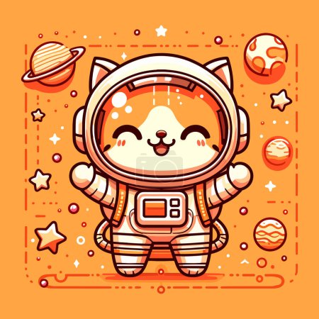 Ilustración de Viaje Celestial con Gato Astronauta Tono Naranja - Imagen libre de derechos