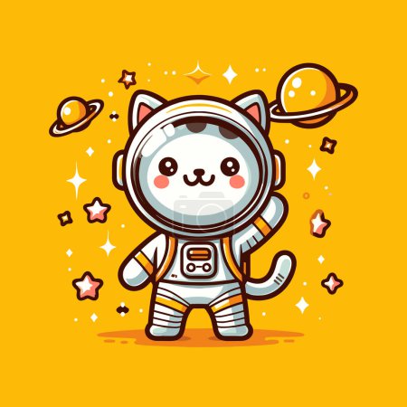 Ilustración de Astronauta gato en tono amarillo viaje cósmico - Imagen libre de derechos