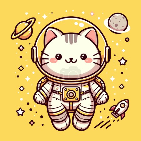 Ilustración de Misión espacial de tono amarillo con gato astronauta - Imagen libre de derechos
