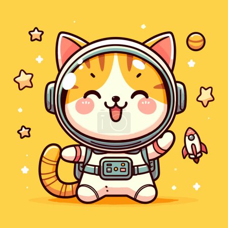 Téléchargez les illustrations : Univers jaune rayonnant et chat astronaute - en licence libre de droit
