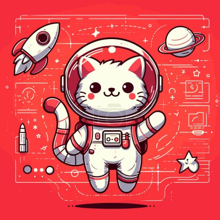 Téléchargez les illustrations : Sortie spatiale écarlate avec chat astronaute - en licence libre de droit
