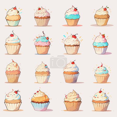 Vektor-Illustration von leckeren Cupcakes in verschiedenen Stilen, ideal für Dessertliebhaber