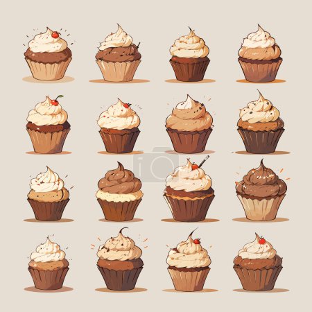 Sammlung köstlicher Schokolade-Cupcakes in verschiedenen Stilen, Cupcake-Vektorillustration