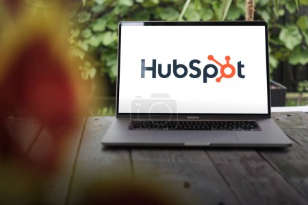 Photo for WROCLAW, POLAND - SEPTEMBER 14, 2023:HubSpot logo, an American developer and marketer of software products for inbound marketing, sales, and customer service, displayed on a MacBook Pro screen - Royalty Free Image