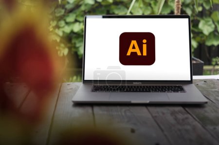 Photo for WROCLAW, POLAND - OCTOBER 2, 2023:Adobe Illustrator logo, a vector graphics editor and design application developed by Adobe Inc., displayed on a MacBook Pro screen - Royalty Free Image
