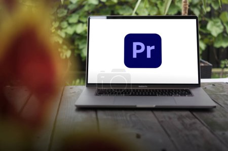 Photo for WROCLAW, POLAND - OCTOBER 2, 2023:Adobe Premiere Pro logo, a timeline-based and non-linear video editing software application (NLE) developed by Adobe Inc., displayed on a MacBook Pro screen - Royalty Free Image