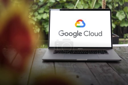 Photo for WROCLAW, POLAND - SEPTEMBER 14, 2023:Google Cloud logo (GCP, Google Cloud Platform), a suite of cloud computing services offered by Google, displayed on a MacBook Pro screen - Royalty Free Image