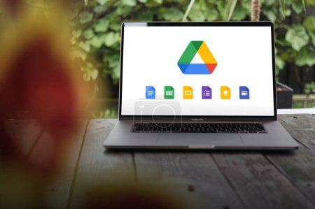 Photo for WROCLAW, POLAND - SEPTEMBER 14, 2023:Google Drive logo, a file storage and synchronization service developed by Google (containing Docs, Sheets, Slides, Forms, Keep) displayed on a MacBook Pro screen - Royalty Free Image