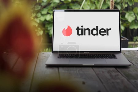 Photo for WROCLAW, POLAND - SEPTEMBER 14, 2023:Tinder logo, online dating application, displayed on the MacBook Pro screen - Royalty Free Image