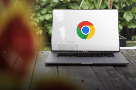 Photo for WROCLAW, POLAND - SEPTEMBER 14, 2023:Google Chrome logo, cross-platform web browser developed by Google, displayed on a MacBook Pro screen - Royalty Free Image