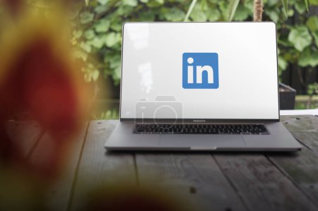 Photo for WROCLAW, POLAND - SEPTEMBER 14, 2023:LinkedIn logo, business and employment-focused social media platform, displayed on a MacBook Pro screen - Royalty Free Image