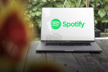 Photo for WROCLAW, POLAND - SEPTEMBER 14, 2023:Spotify logo, a Swedish music and podcast streaming service, displayed on a MacBook Pro screen - Royalty Free Image