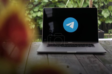 Photo for WROCLAW, POLAND - SEPTEMBER 14, 2023:Telegram logo, a free instant messaging service founded by brothers Nikolai and Pavel Durov (Russian entrepreneurs), displayed on a MacBook Pro screen - Royalty Free Image