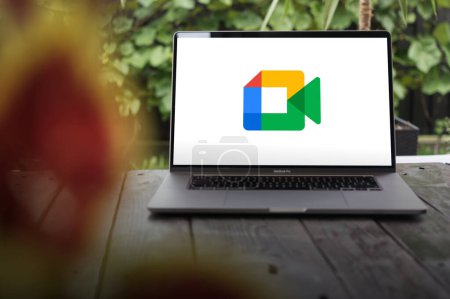 Photo for WROCLAW, POLAND - OCTOBER 5, 2023:Google Meet logo, a video communication service, displayed on MacBook Pro screen - Royalty Free Image