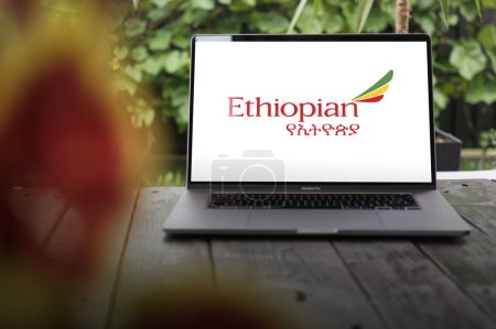 Photo for WROCLAW, POLAND - NOVEMBER 29, 2023:Ethiopian Airlines logo (EAL), flag carrier of Ethiopia, displayed on MacBook Pro screen - Royalty Free Image