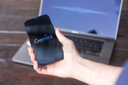 Photo for Gemini logo, largest and most capable AI model from Google, displayed on iPhone screen - Royalty Free Image