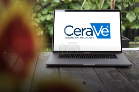 Photo for WROCLAW, POLAND - FEBRUARY 23, 2024:CeraVe logo, skincare manufacturer that offers a variety of moisturizers, cleansers, ointments, and acne treatments, displayed on MacBook Pro screen - Royalty Free Image