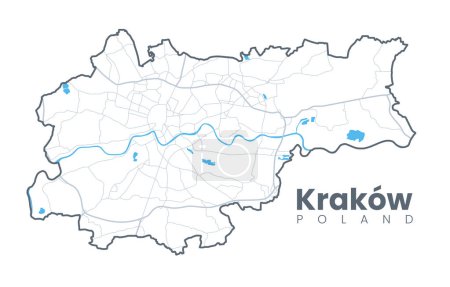 Ilustración de Mapa urbano de Cracovia. Mapa detallado de Cracovia (Cracovia), Polonia. Cartel de la ciudad con calles y río Wisa (Vístula). Versión de carrera ligera. - Imagen libre de derechos